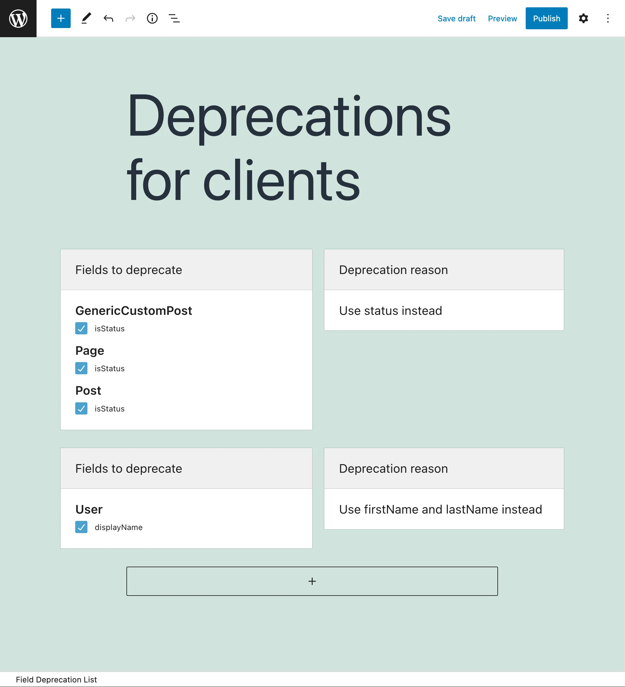 Trình chỉnh sửa danh sách Field Deprecation Trình chỉnh sửa danh sách Field Deprecation