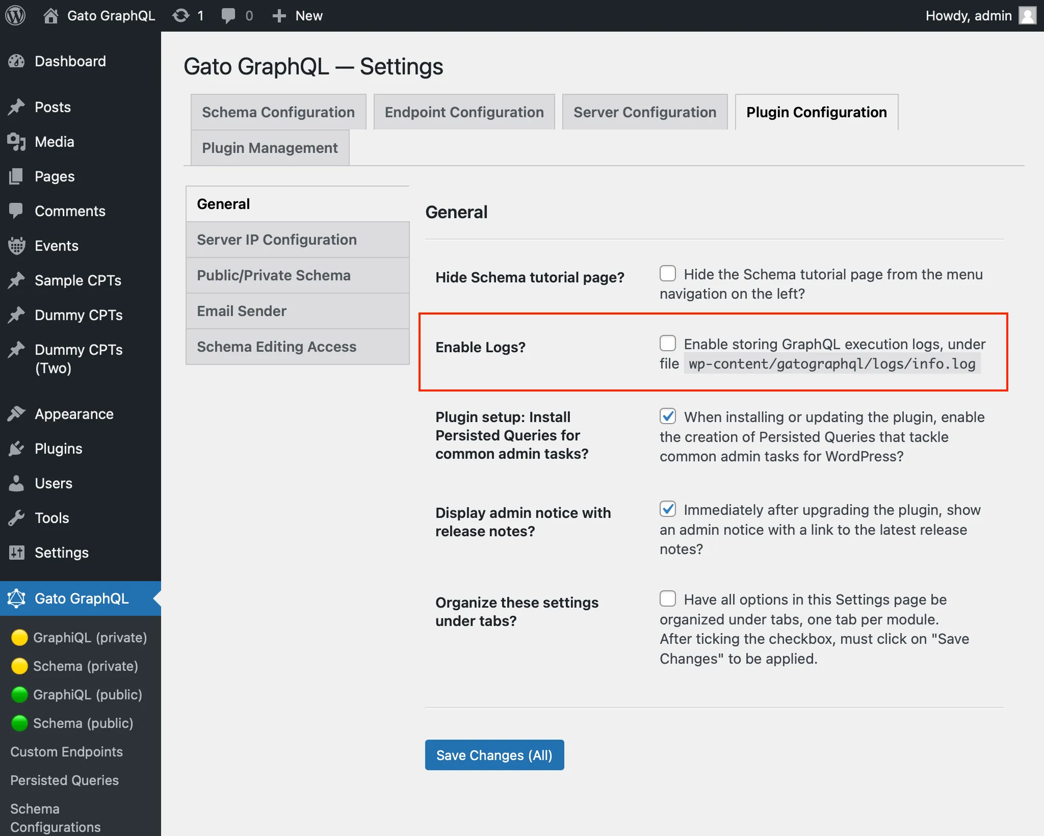 Tùy chọn Enable Logs? trong Settings Tùy chọn Enable Logs? trong Settings