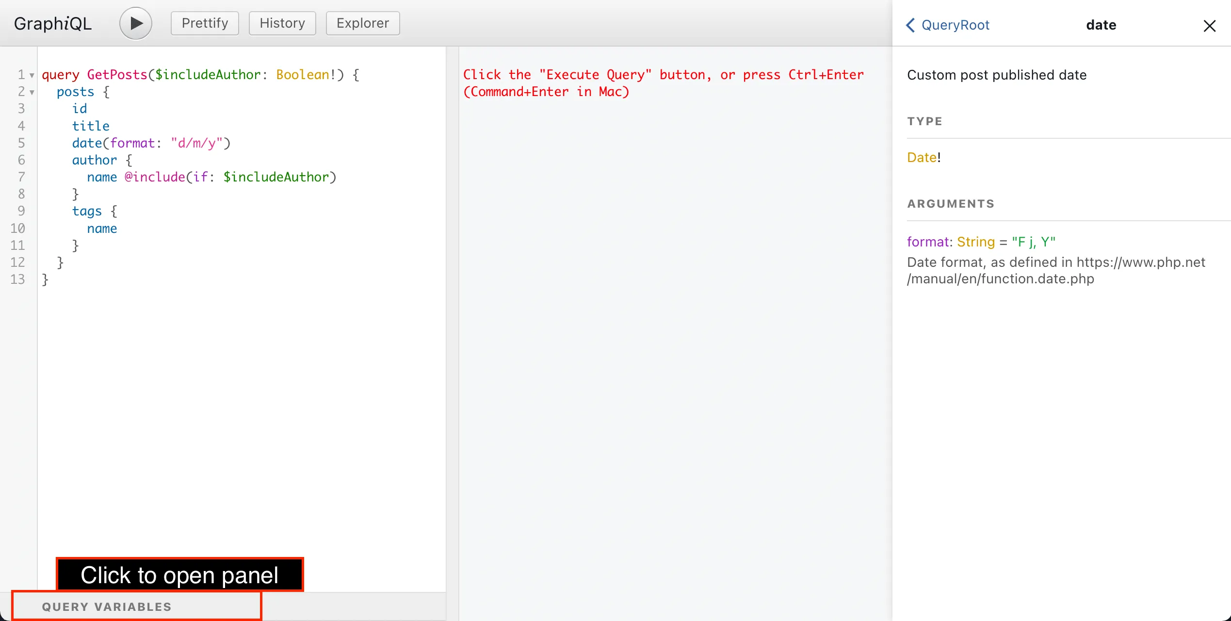 Mở bảng Query variables Mở bảng Query variables