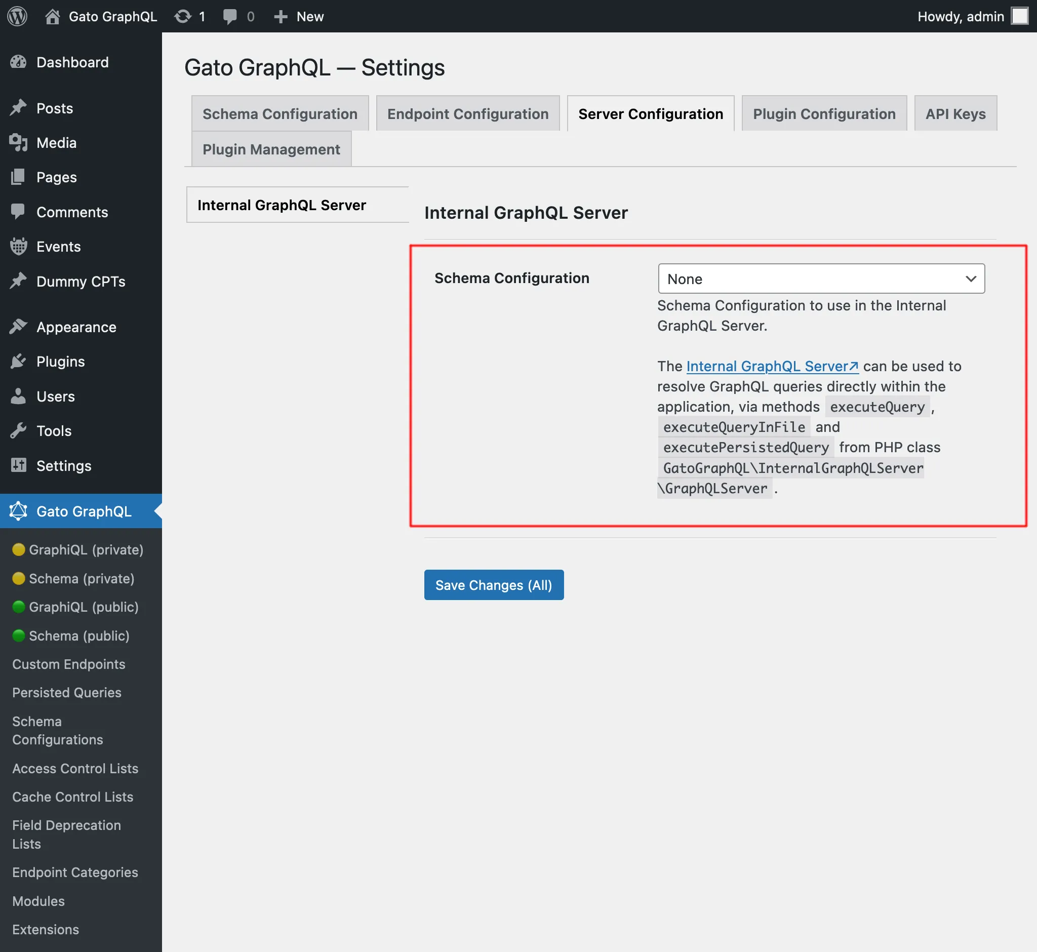 Cấu hình schema cho Internal GraphQL Server trong Cài đặt