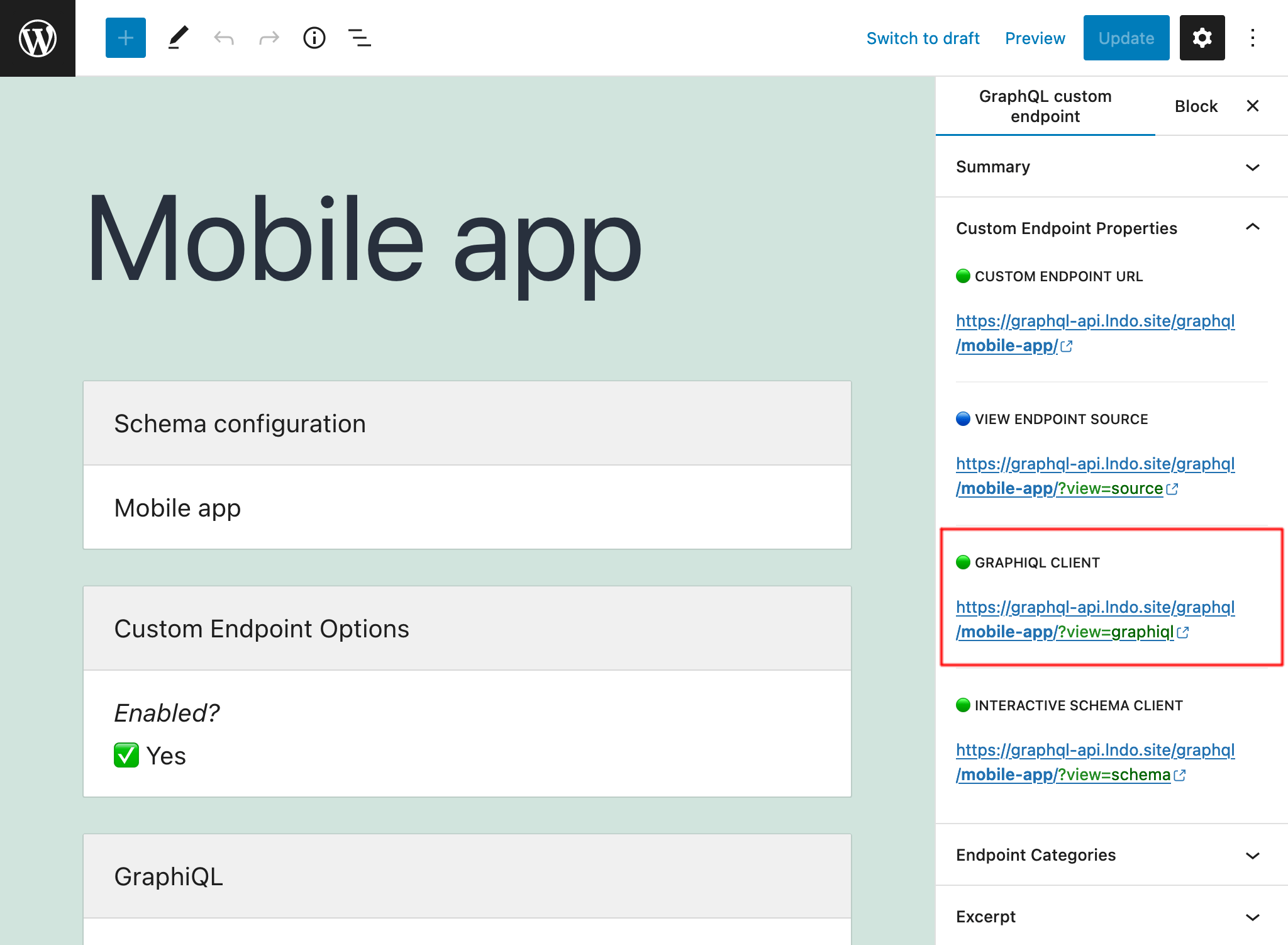 Liên kết đến client GraphiQL của custom endpoint trong trình chỉnh sửa Liên kết đến client GraphiQL của custom endpoint trong trình chỉnh sửa