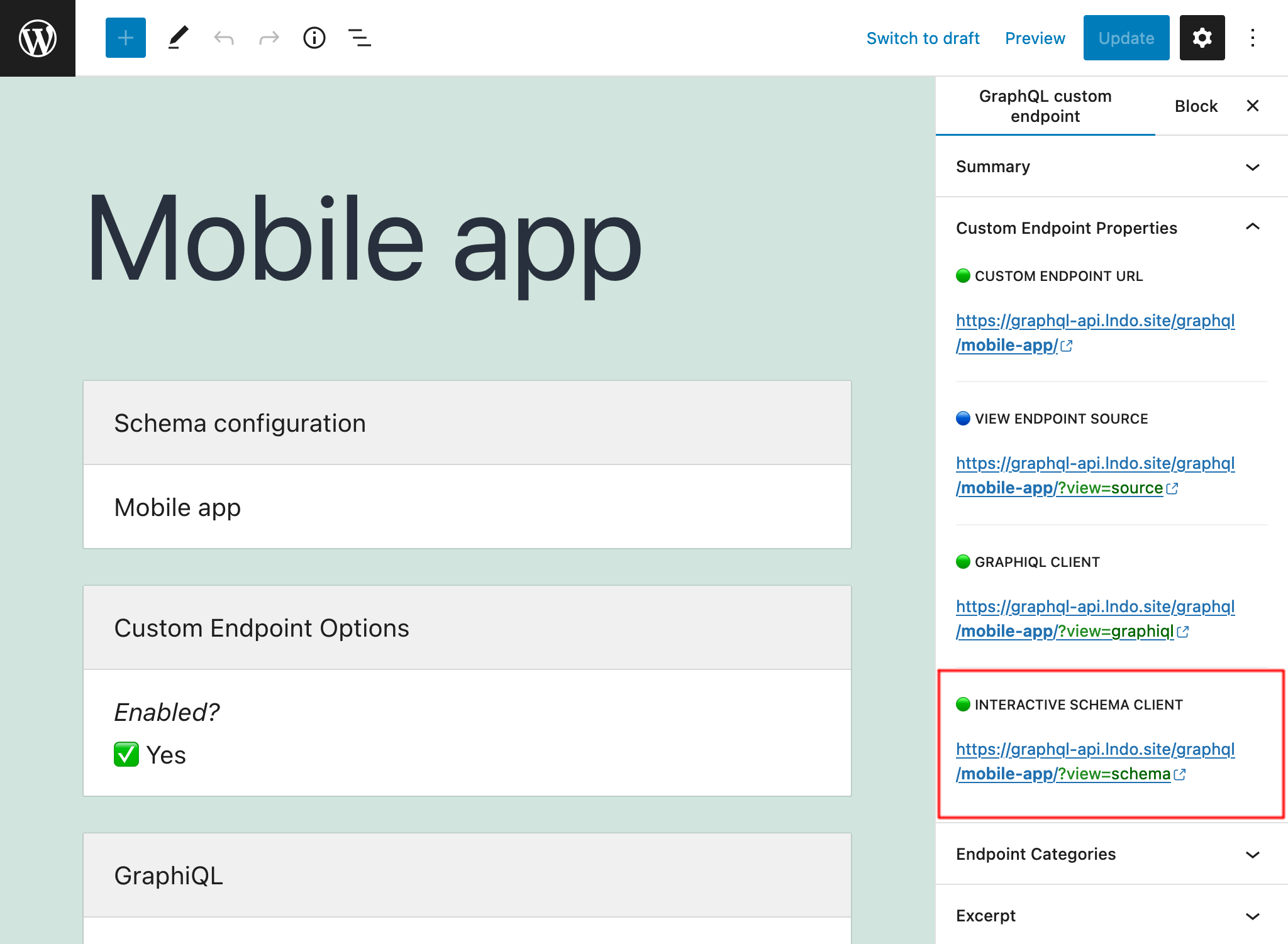 Liên kết đến client Interactive Schema của custom endpoint trong trình chỉnh sửa Liên kết đến client Interactive Schema của custom endpoint trong trình chỉnh sửa