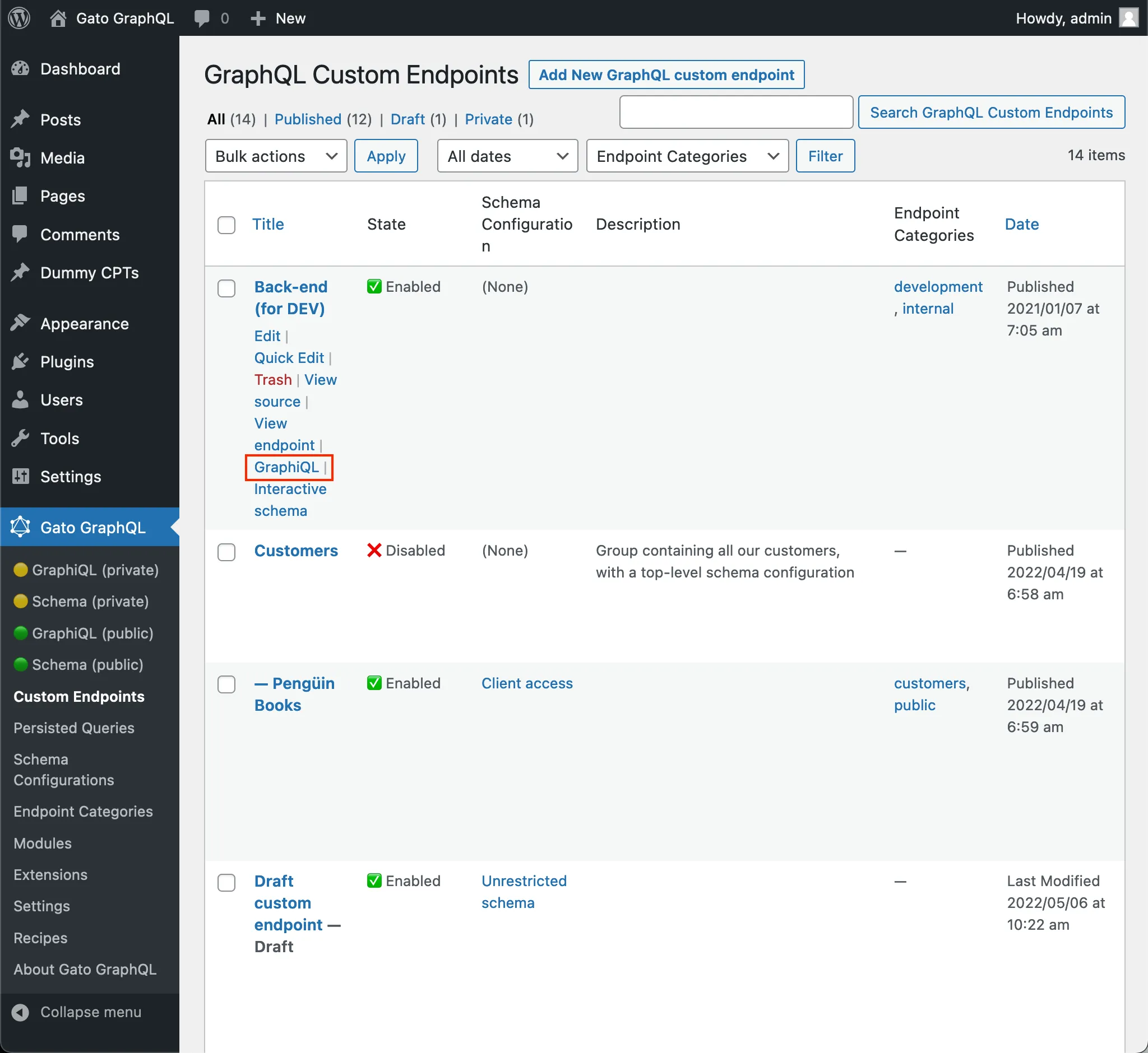 Liên kết đến client GraphiQL của custom endpoint trong danh sách