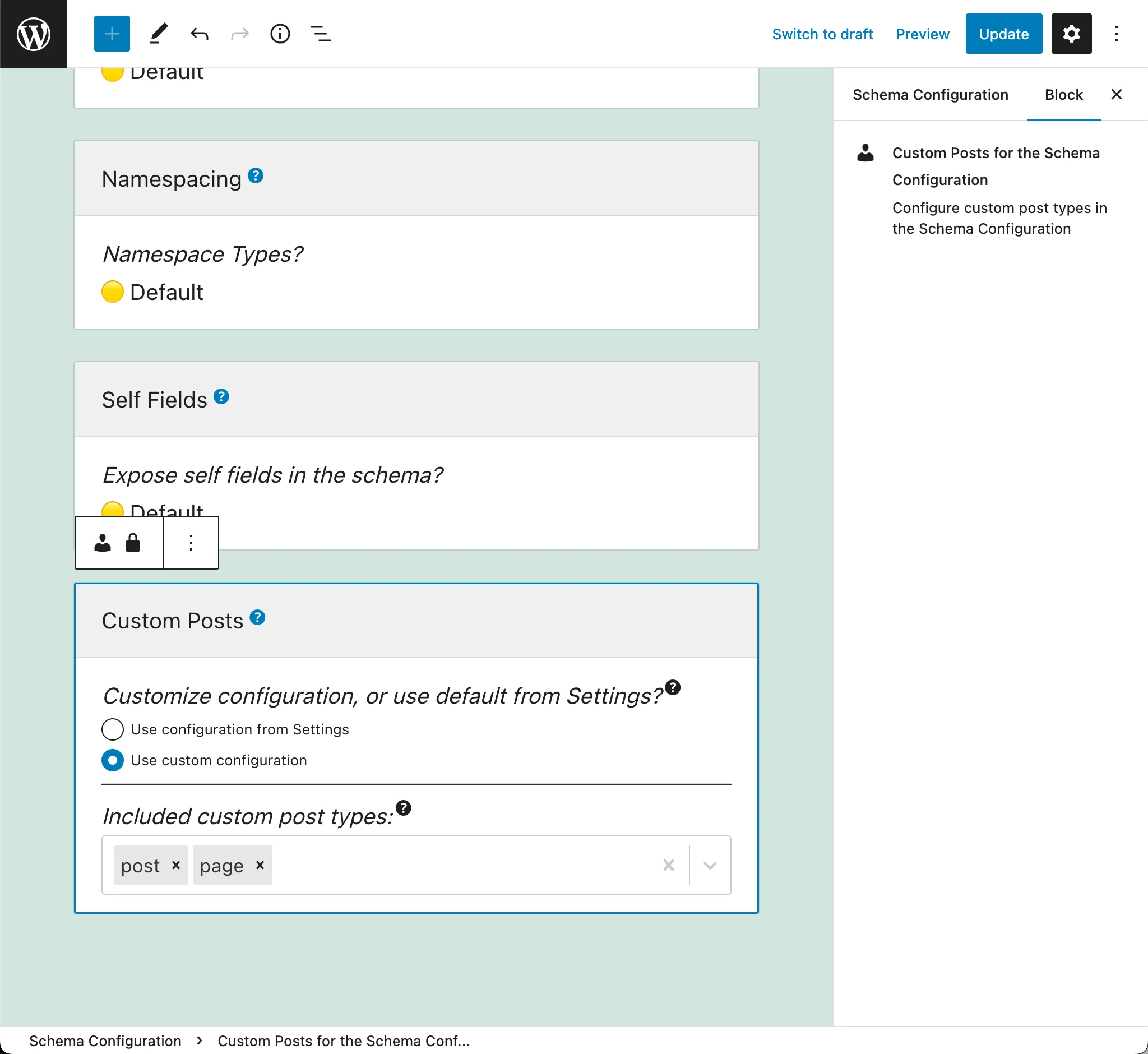 Chọn các Custom Post Types được phép trong Schema Configuration Chọn các Custom Post Types được phép trong Schema Configuration