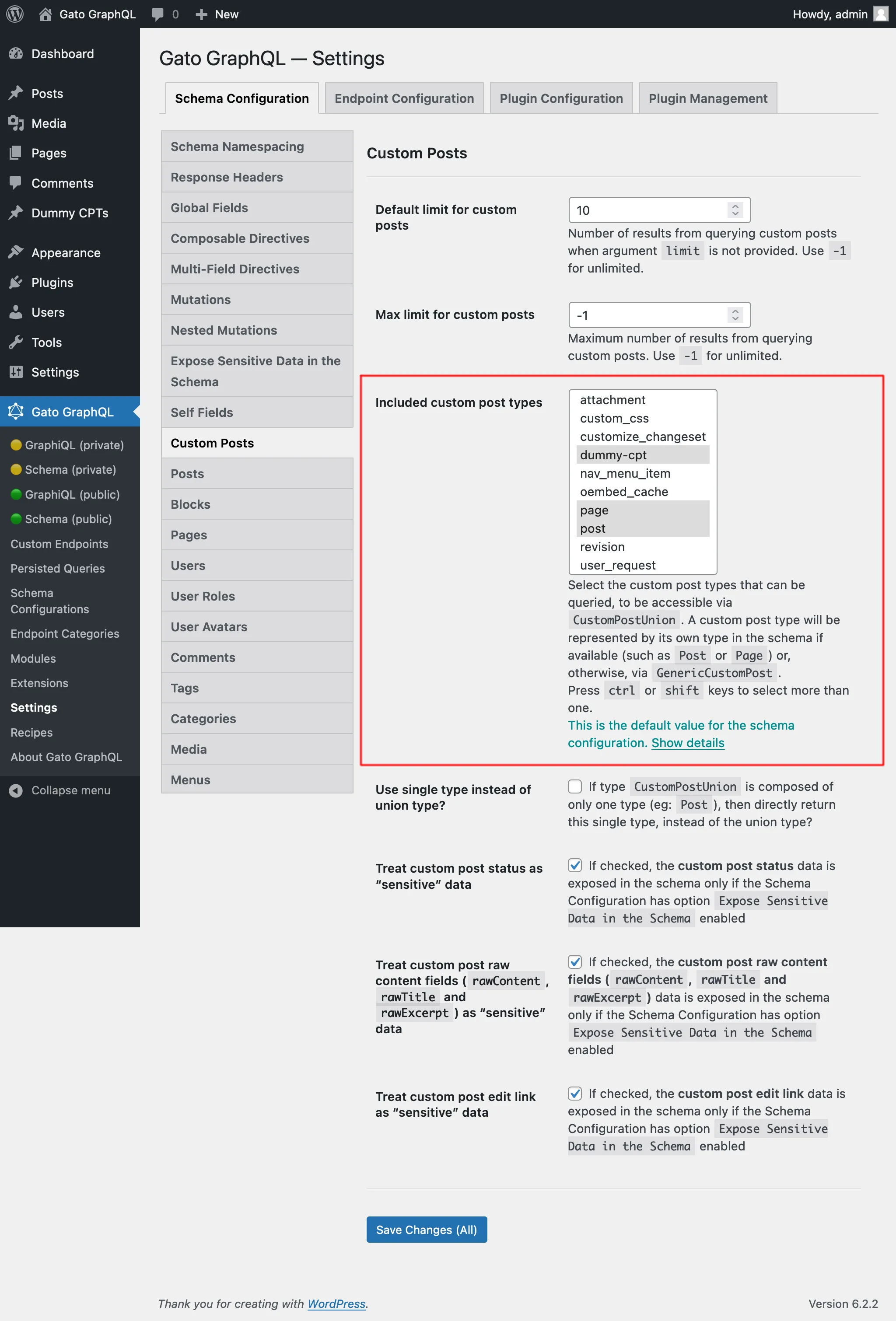 Chọn các Custom Post Types được phép trong Settings