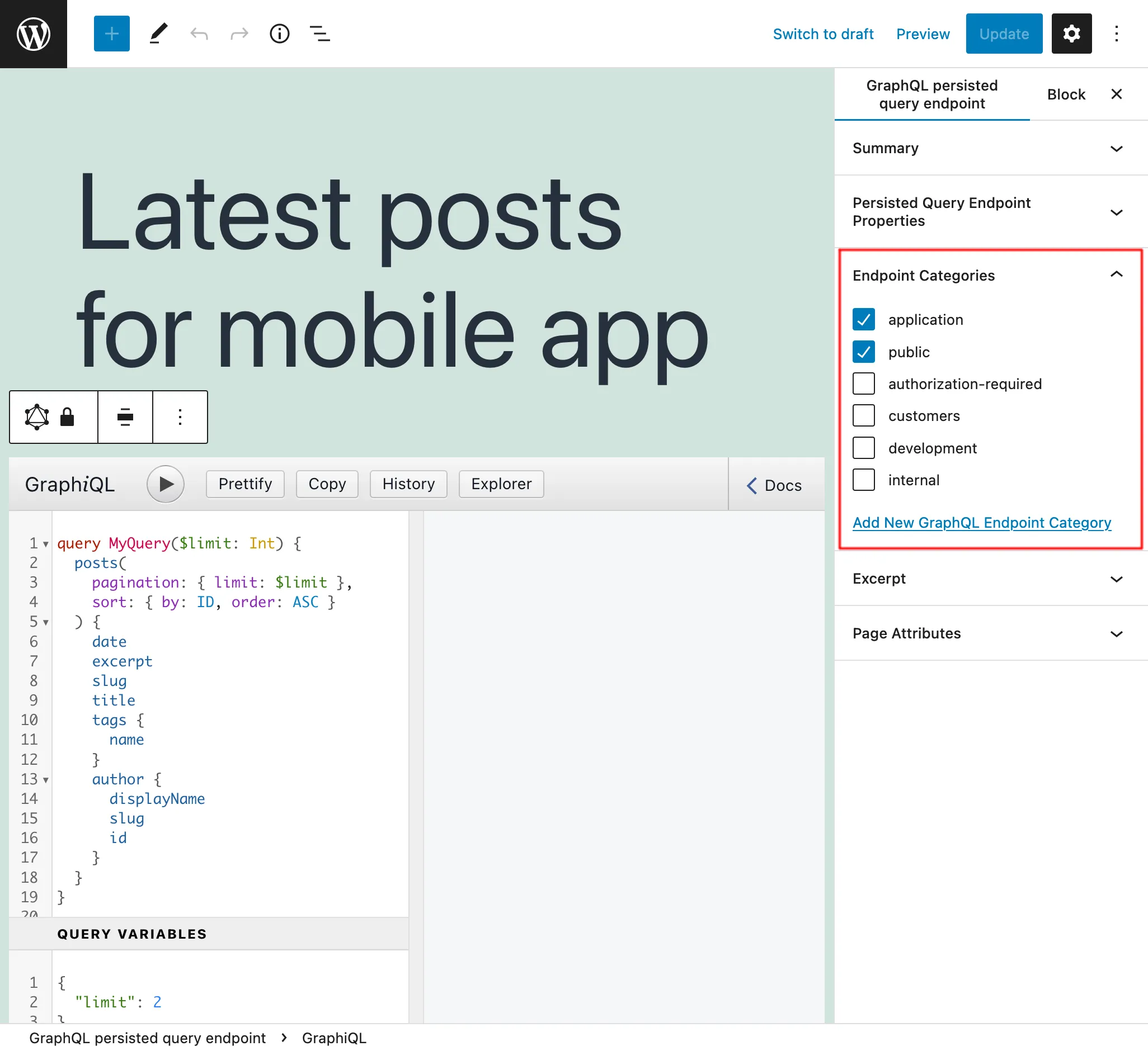 Danh mục endpoint khi chỉnh sửa Persisted Query