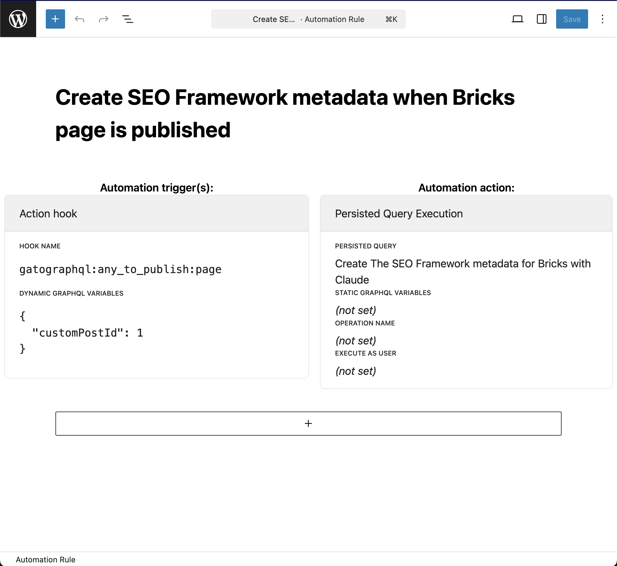 Quy tắc Automation để tạo metadata The SEO Framework cho Bricks với Claude