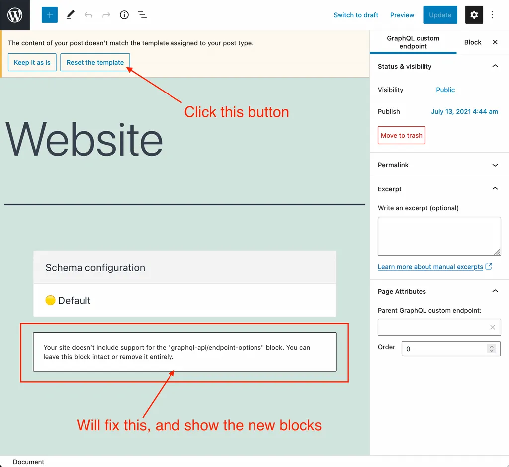 Reset the template trong trình soạn thảo WordPress Reset the template trong trình soạn thảo WordPress